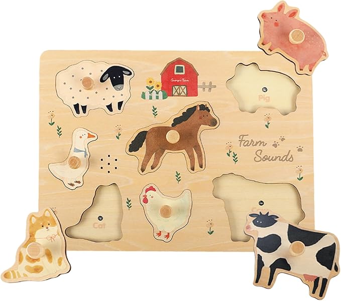 Freniland Farm Sound Puzzle for Toddlers, Wooden Farm Animal Puzzle with Realistic Sounds, Montessori Learning Toy for 18M+