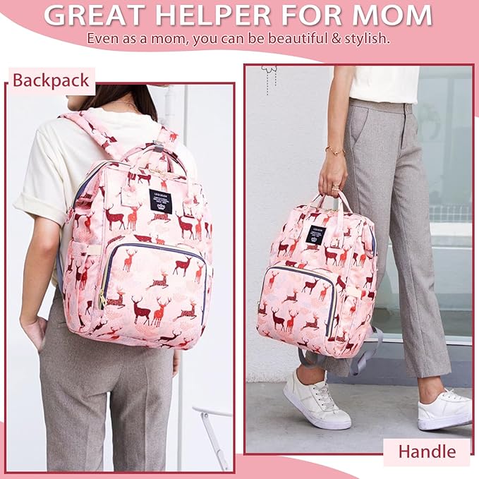 Diaper Bag Backpack for Mom Dad, Maternity Changing Bag Diaper Backpack with Stroller Straps(deer pink)