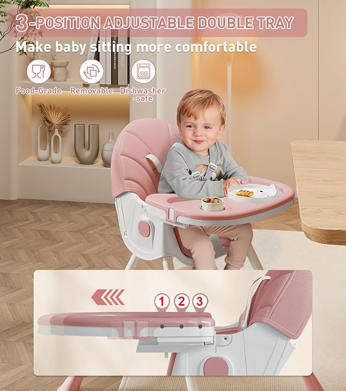 Baby High Chair, 5 in 1 High Chairs for Babies and Toddlers, Travel Foldable High Chair with Detachable PU Cushion, Double Removable Tray, Adjustable Height & Recline, Locking Wheels (Pink)