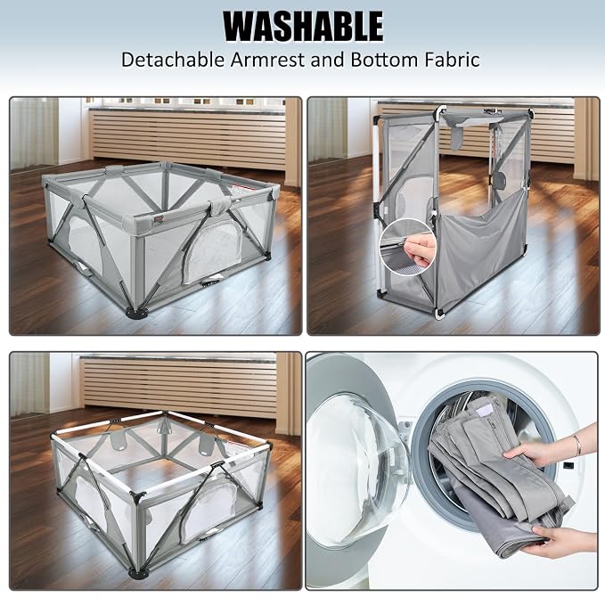 Baby Playpen Foldable, Heyo.Ja Large Play Yard, Playpen for Babies and Toddlers, Play Pens for Babies and Toddlers with Gate, Indoor & Outdoor Portable Play Pen (Washable 71x59in, Cold Grey)