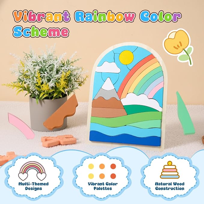 Montessori Wooden Shape Puzzles - Color Matching & Cognition Fun for Kids Over 3 Years Old, with Rainbow Blocks & Themes, Fine Motor Skill Building Toys & Gifts (Rainbow)
