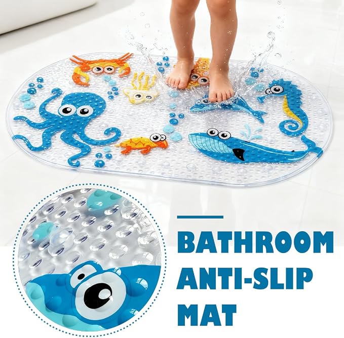 PTAPIPI Sea Animal Kids Bath Mat - 27x15 Inch Oval PVC Mat with Suction Cups, Machine Washable, Colorful Design for Children (Cute Cartoon Octopus)