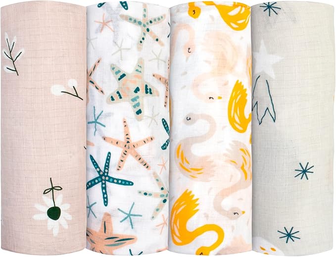 Beach Themed Baby Swaddle Blanket Neutral 100% Cotton Luxury Muslin for Newborns Baby Girls and Boys Blue Beige Starfish