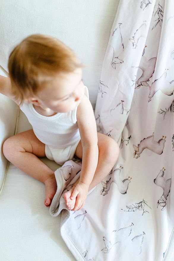 Oilo Baby Blanket, Luxury Soft Plush Chenille Backing & Organic Cotton Jersey Print, Double Layered, 30" x 40", Rolled Jersey Edge Trim, Machine Washable, Perfect for Infant or Toddlers, Llama
