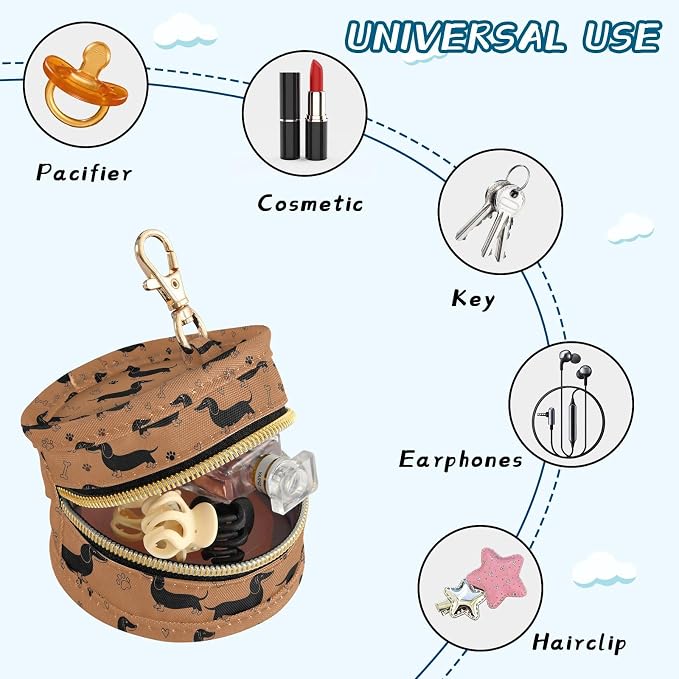 Dachshund Paw Bone Heart Baby Pacifier Holder Case with Clip Portable Pacifier Storage Organizer Round Container Pouch Box Fits Diaper Bag Stroller Purse