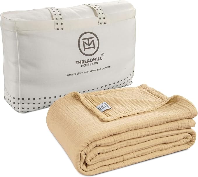Threadmill Summer Muslin Blankets Queen Size | 100% Cotton 4 Layer Gauze Blanket | Soft, Breathable, Prewashed Cozy Blanket | Lightweight Throw Blankets for Bed Seasons | Beige