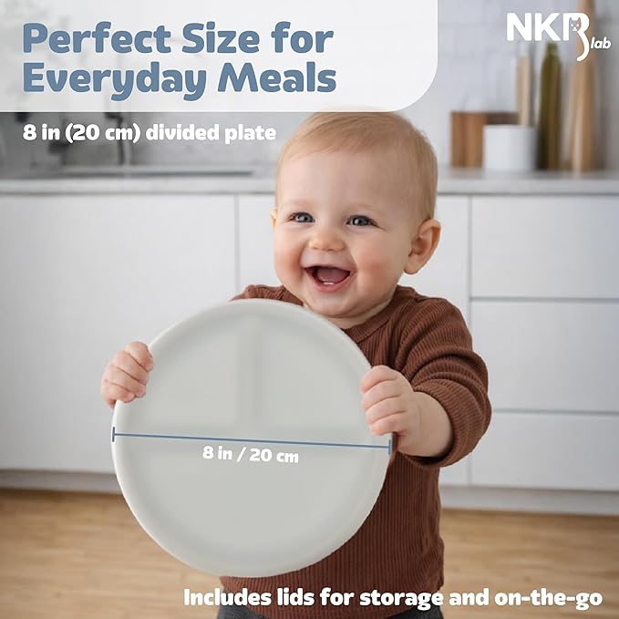 Stainless Steel Toddler Plates with Suction – 4 Pack Divided Baby Plates with Lids – BPA-Free Silicone Base – Dishwasher Safe