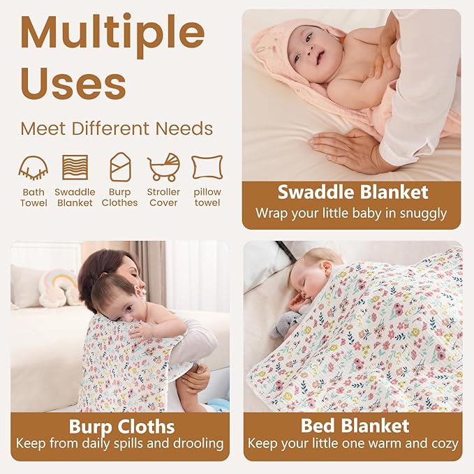 david's kids 2 Pack Hooded Baby Towels, Large 32"x32", 6 Layer 100% Muslin Cotton Highly Absorbent Girl Bath Towel for Newborn, Infant, Toddler, Soft and Breathable Baby Essentials, Floral & Butterfly