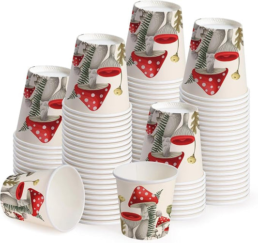 WRAPAHOLIC 3oz Mushroom Paper Cups - 100 Pack Disposable Bathroom Cups with Red Mushroom Design, Small Mouthwash Cup for Toothbrush Rinse, Home Bathroom, Birthday, Fall and Baby Shower