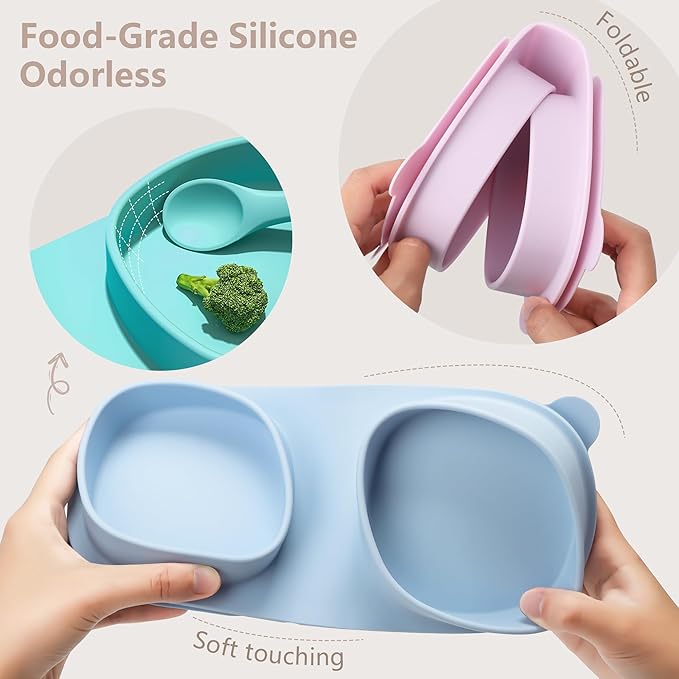 Baby Plates with Suction with Forks and Spoons, Foldable Silicone Toddler Plates, Baby Travel Essential, Microwave & Dishwasher Safe, Baby Blue