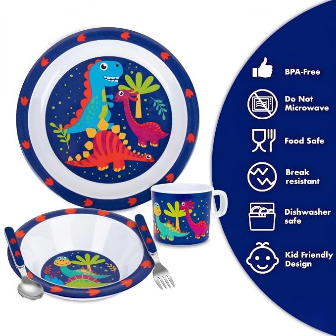 Bentology 5 Pc Mealtime Set for Kids - Dinosaur Theme - Includes Raised Edge Plate & Bowl, Cup, Fork & Spoon- Dishwasher Safe, BPA Free- Cute Durable Dish, Easy Self-Feeding- Gift for Toddlers
