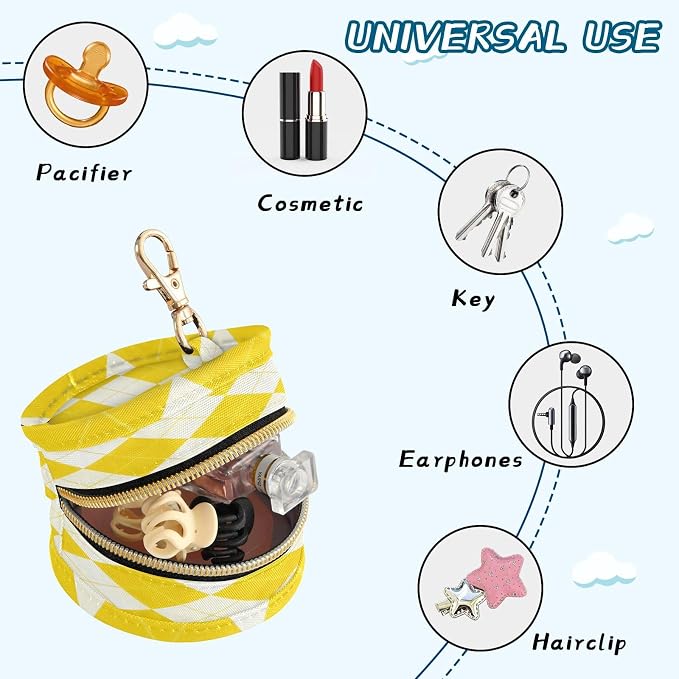 Pacifier Holder with Clip Pacifier Case for Diaper Bag Round Baby Pacifier Pouch Box Bag Portable Diamond Grid Bright Yellow