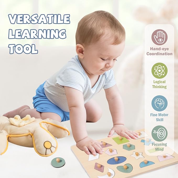 Adena Montessori Wooden Shape Peg 16 Piece Puzzle for Toddlers 2-4,Montessori Colorful Shapes Sorter Board,Geometric Color Matching Toys for Girls Boys 18-24 Months,Baby & Toddler Eearly Learning Gift