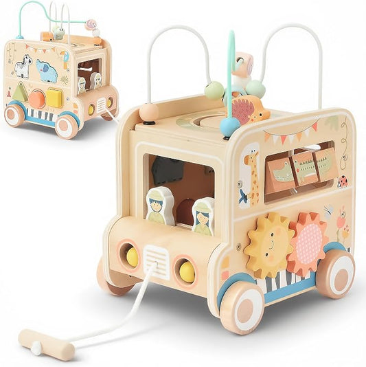 Pithfor Wooden Pull Along Activity Cube Toys, Montessori Toys for 1 2 3 Year Old Baby Toddlers, Baby Activity Cube for 1 Year Old, 1st First Birthday Gift