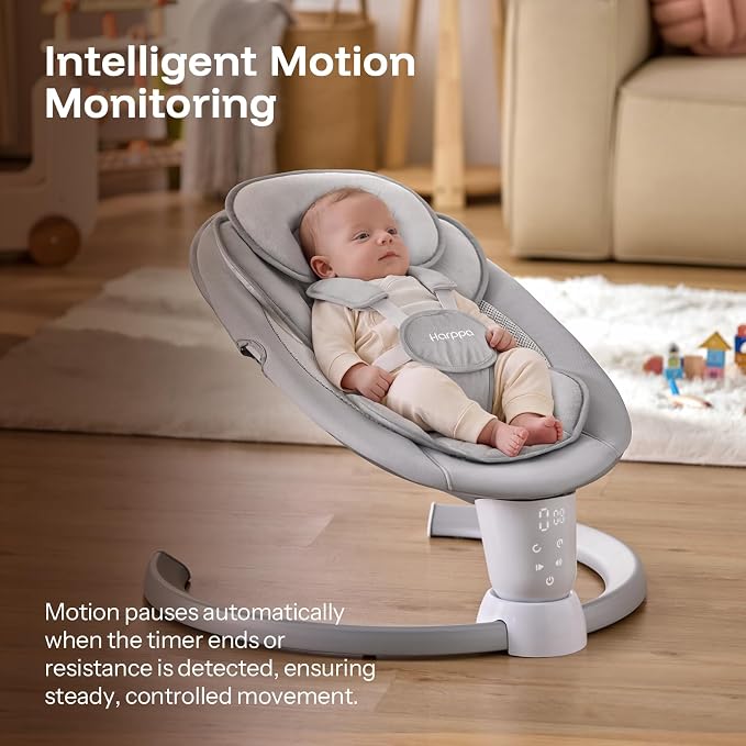 HARPPA Weddell Electric Baby Swing for Infants, 5-Point Harness, 5 Motion Levels, Remote & Touch Control, Built-in Melodies, Portable Baby Swing for Indoor Use,Light Gray