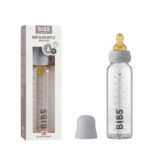 BIBS Baby Glass Bottle. Anti-Colic. Round Natural Rubber Latex Nipple. Supports Natural Breastfeeding, Complete Set - 225 ml, Cloud