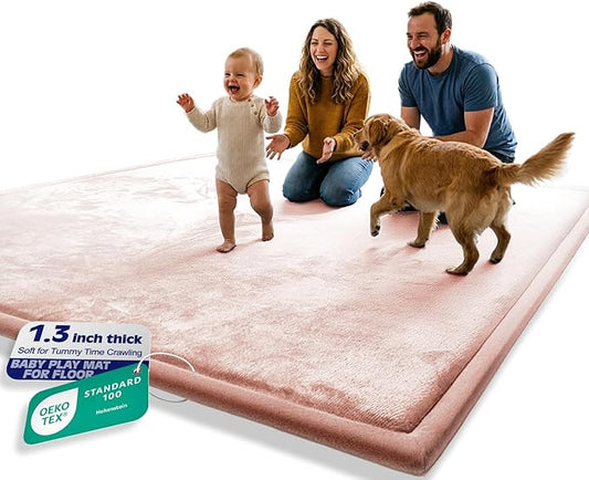 AEOCOO 71x79 Baby Play Mat for Floor, 1.3" Thick Memory Foam Cushion Toddler Baby Kids Extra Large Tummy Time Mat, Nursery Rug, CloudSoft Velvet Anti-slip for Crawling, Living Room, Tatami Style, Pink