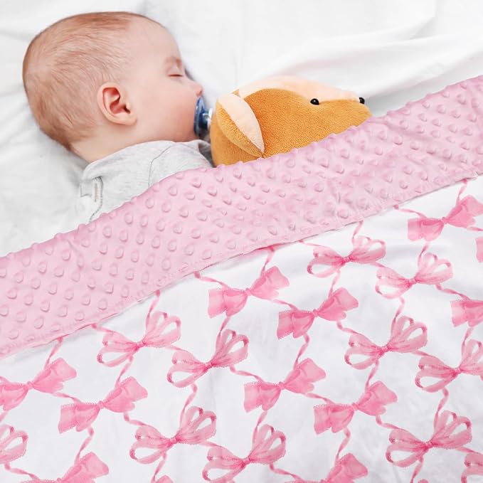 Baby Girl Blanket, Sotf Crib Swaddle Blanket, Dotted Backing, Reversible Bedding Soft Blanket for Newborn, Toddler Girls Boys Gift, 30 x 40 Inch, Pink Bow