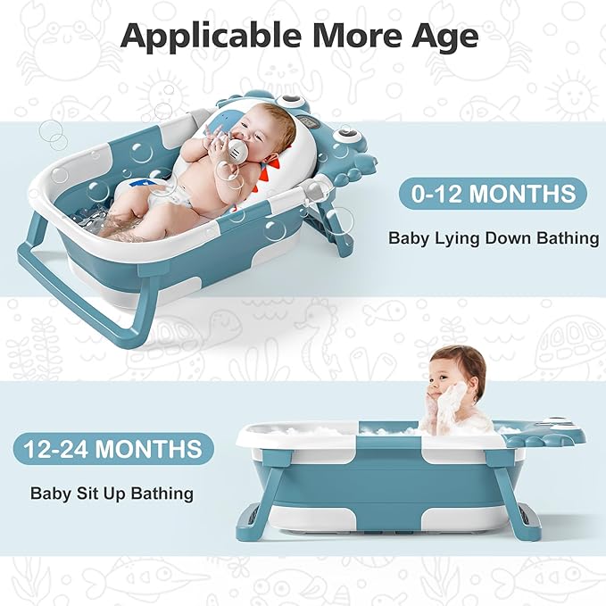 Collapsible Baby Bathtub for Newborns with Thermometer and Soft Floating Cushion Portable and Foldable Travel Baby Bath Tub for Infants to Toddler 0-36 Month (Blue)