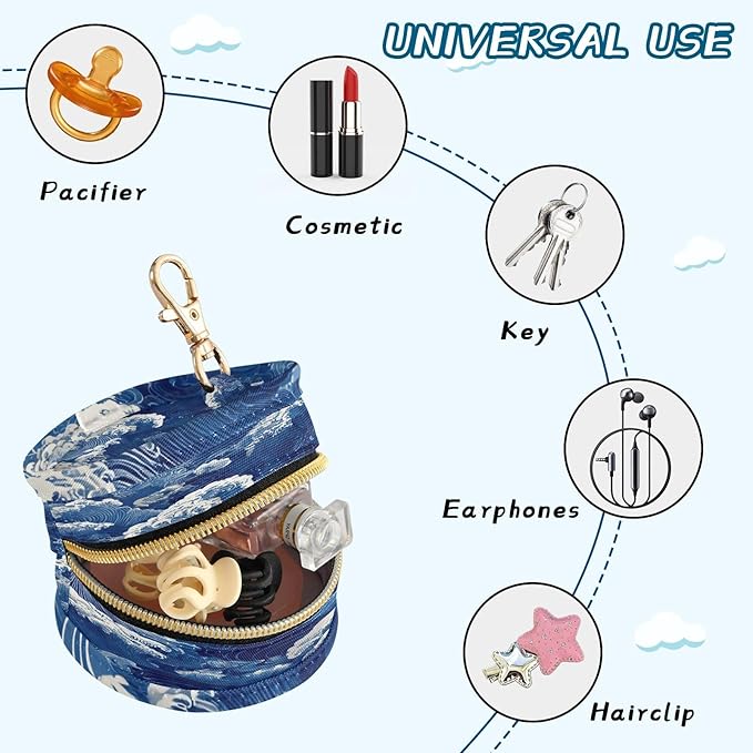 Pacifier Holder with Clip Pacifier Case for Diaper Bag Round Baby Pacifier Pouch Box Bag Portable Blue Ocean Waves