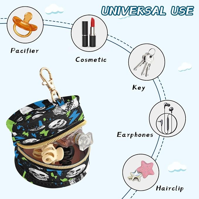 Pacifier Holder with Clip Pacifier Case for Diaper Bag Round Baby Pacifier Pouch Box Bag Portable Skull Lightning Colorful