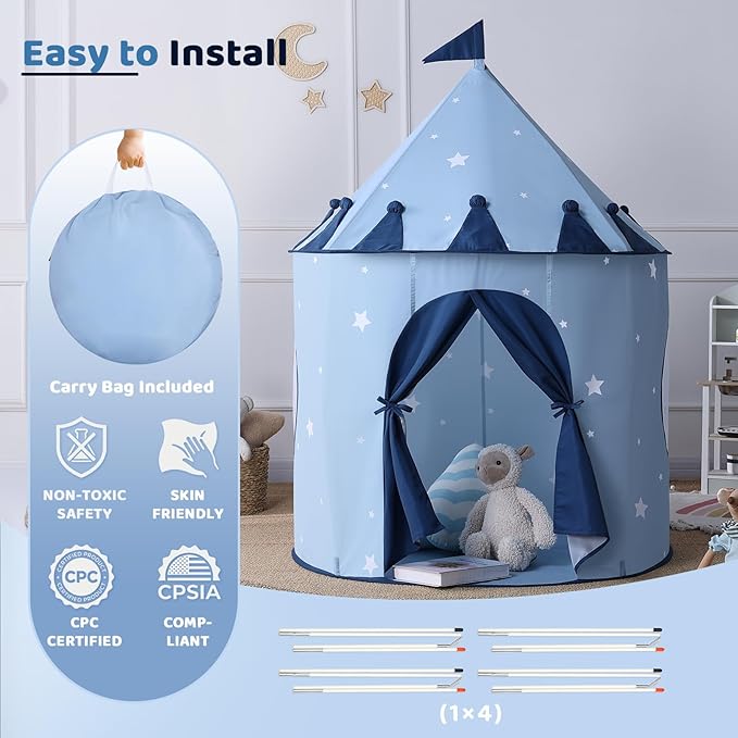 Blue Star Kids Tent:Pop up Kids Play Tent Made by Peachskin Fabric - Toddler House for Indoor & Outdoor - Great Princess Castle for Baby