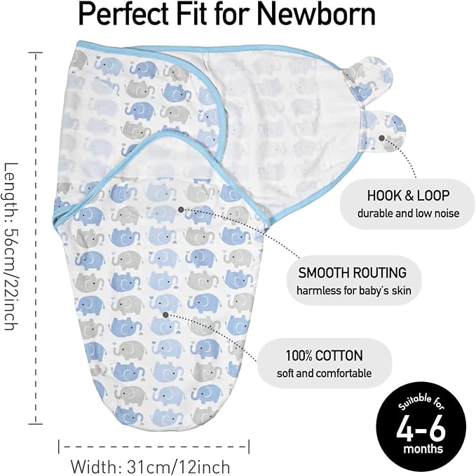 GLLQUEN BABY Swaddles for Newborns Organic Cotton, Soft Baby Boy Swaddles 3-6 Months, Reduce Startle Reflex Womb-Like Sleep Sack Wrap Nursery Swaddling Blankets Blue Elephants
