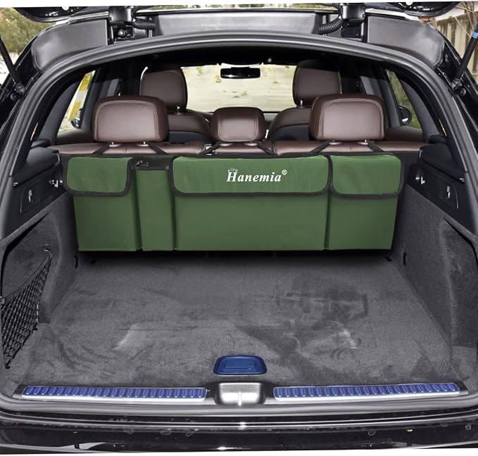 Car Trunk Organizer and Storage, Backseat Hanging Organizer for SUV, Truck, MPV, Waterproof, Collapsible Cargo Storage Bag with 4 Pockets, Car Accessories for Men and Women (Army Green)