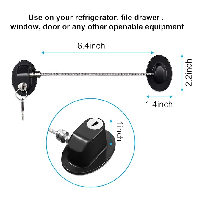 Hotop 4 Pack Cabinet Locks with Keys Refrigerator Fridge Locks Replacement with Steel Wire Self Adhesive Child and Baby Proofing Safety for File Drawers Deep Freezer Doors Latch(Black)