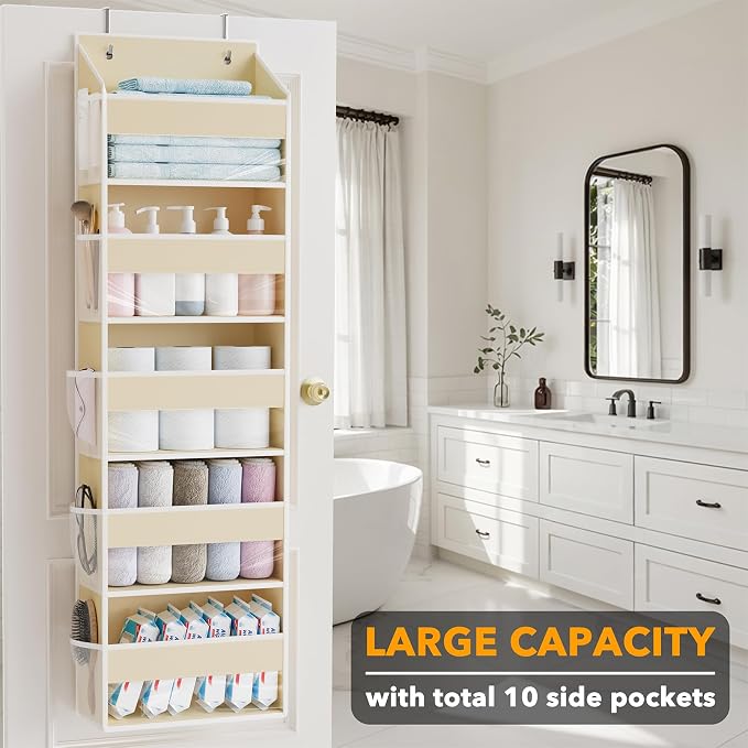 SpaceAid 1 Pack Over The Door Organizer with 5 Large Pockets and 10 Mesh Side Pockets, 5 Layers Door Organizer Hanging with Clear Window for Bedroom, Bathroom, Pantry and Nursery, Beige