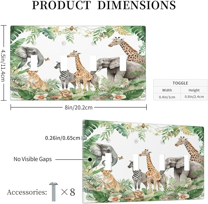 Tropical Leves Safari Animals Giraffe Elephant Zoo Light Switch Covers Quad Toggle Electrical Faceplate 4 Gang Wall Plate Decorative Switch Plates Cover for Kids Room Nursery Decor