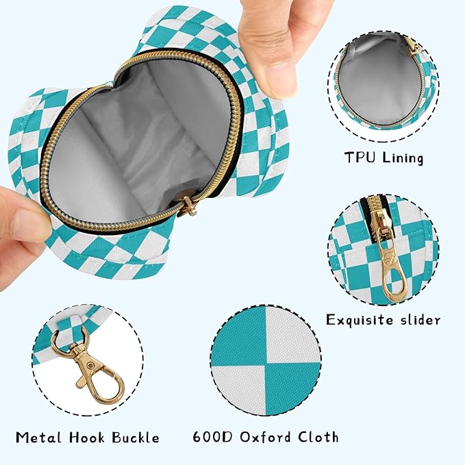 Checkered Plaid Turquoise Teal Print Pacifier Holder Case with Metal Clip Portable Pacifier Cover Pouch for Baby Girls