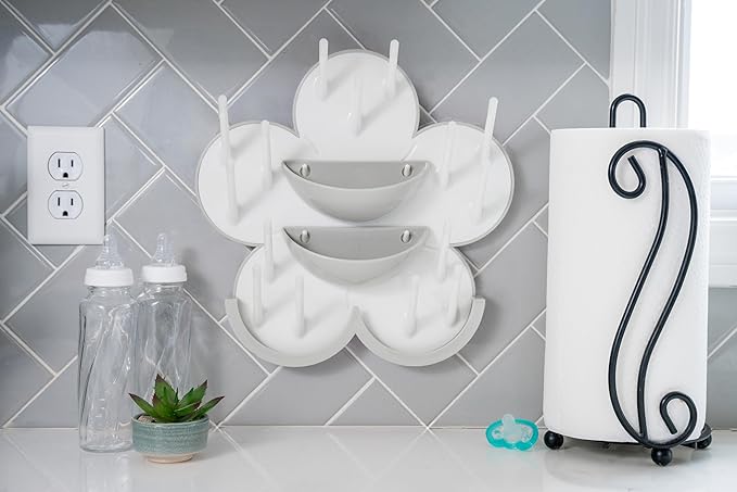The Bottle Blossom- Wall Mounted Baby Bottle Drying Rack for Bottles, Cups, Sippy Cups, Vertical Wall Hanging, Space Saving, Large Capacity Baby Essential, 2 Adhesive Hooks Included (Gray)