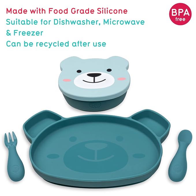 TUM TUM Baby Dinner Set for Weaning, Includes Silicone Suction Plate & Bowl, Baby Cutlery, 6 Months Plus, Dishwasher Safe, BPA Free (Boris Bear)
