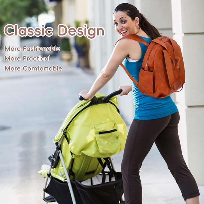 Lasaviin Stylish Diaper Bag Backpack, Leather Large Capacity Travel Baby Diaper Bag Tote for Mom Dad, Handbag shoulder bag, Waterproof, Lightweight Brown
