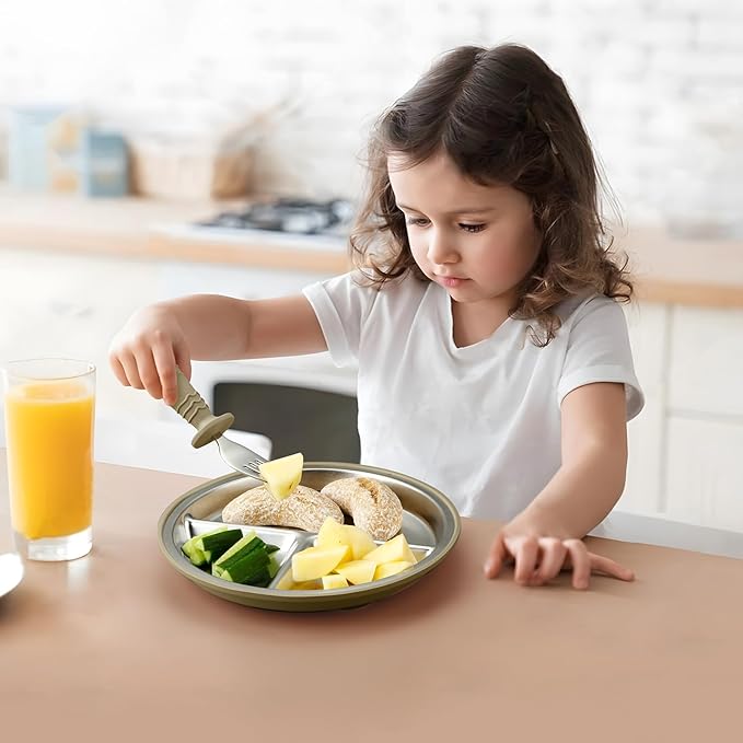 PandaEar 3 Pack Stainless Steel Baby Suction Plates, Divided Toddler Plate for Baby Led Weaning Supplies, Non-Slip Toddler Baby Feeding Set Dishwasher Safe (Linen/Brown/Tan, With Spoons)