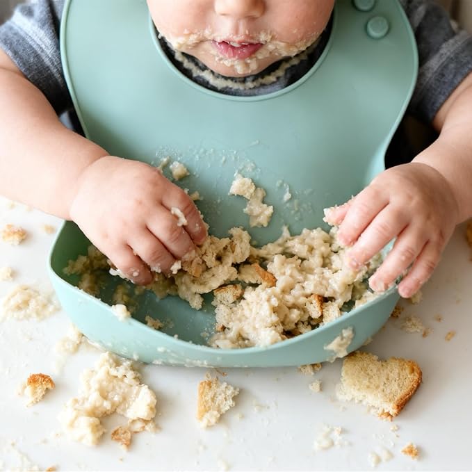 Ginbear Baby Bowls with Suction, Silicone Bibs, Self Feeding Spoons, Led Weaning Supplies, Toddler Eating Set for Ages 6 Months+ (Hazy Green)