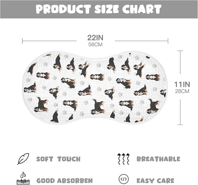 1 Pack Muslin Burp Cloths Bernedoodle Dogs White Cotton Baby Burp Cloths Ultra Absorbent and Soft Thick Burping Cloth for Newborn Baby Boys Girls 22x11 Inch