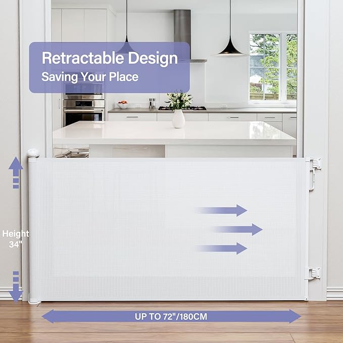 Retractable Baby Gates Extra Wide, PRObebi Retractable Dog Gate for the House Extends to 72" Wide 34" Tall, Gates for Baby Indoor, Stair Gate for Outdoor, Staris, Hallways, Doorways, Deck, Porch