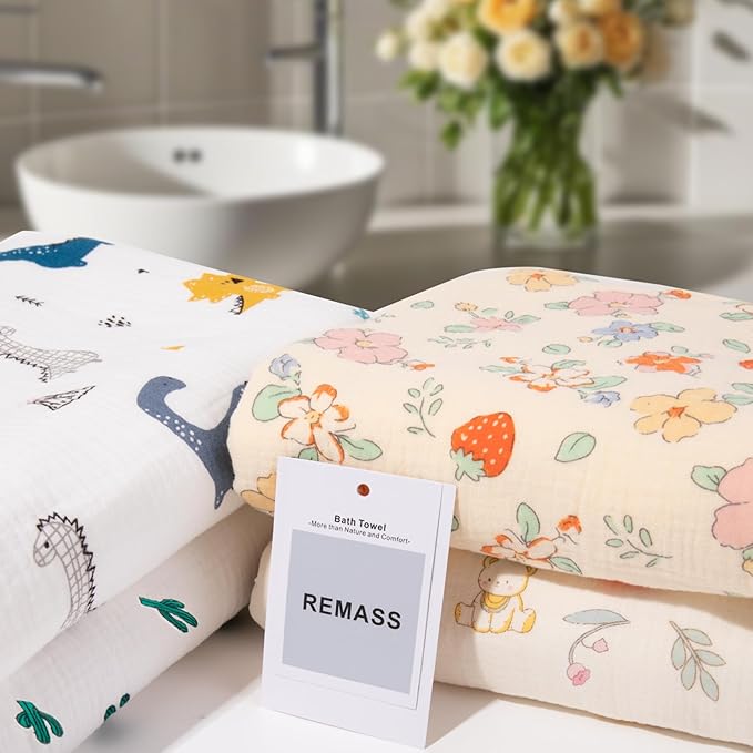 Muslin Hooded Towel Made from Organic Cotton 6-Layer Cotton Bath Towel, Soft Bath Towels 25x51inches for Toddler Baby and 0-4 Years Old Kids Dinosaur