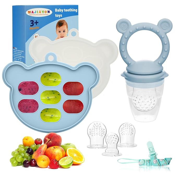 WAJIAYON Baby Breastmilk Popsicle Molds & Fruit Feeder (2 Pack), Baby Food Freezer Tray Storage Containers, Silicone Teething Pacifier Feeder and Teether for Babies - Sky Blue