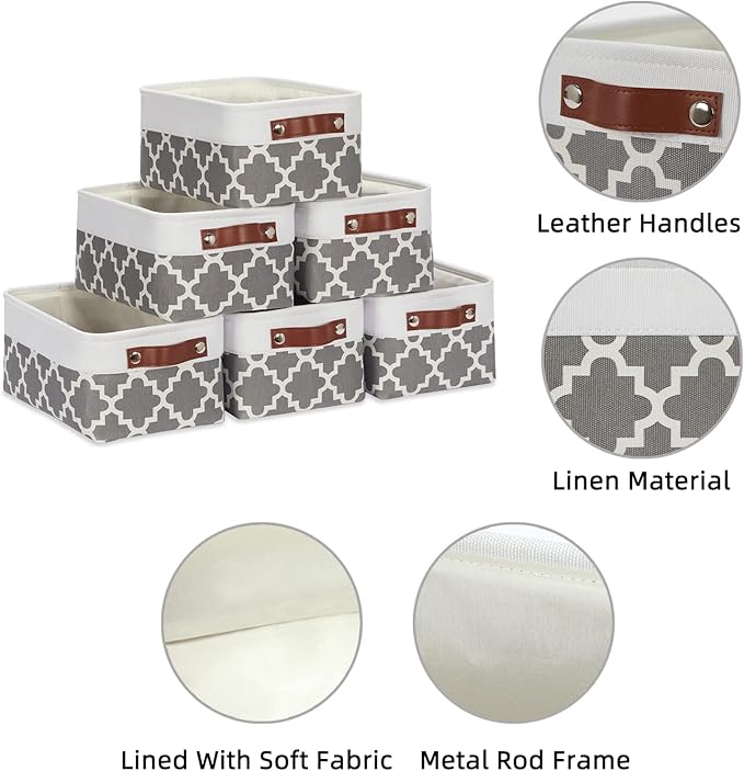 HNZIGE Small Baskets Fabric Storage Baskets(6 Pack) Storage Bins with Leather Handles Empty Gift Basket Decorative Storage Baskets for Shelves, Baby Clothes Toys(Pattern&White,11.8" x 7.8" x 5.1")