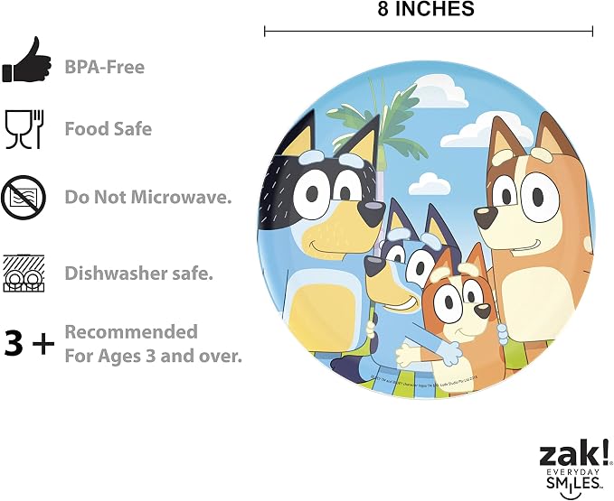 Zak Designs 5-Piece Dinnerware Set, Bluey - Durable Plastic & Stainless Steel - Includes Tumbler, 8-Inch Plate, 6-Inch Bowl, Fork & Spoon - Suitable for Kids Ages 3+