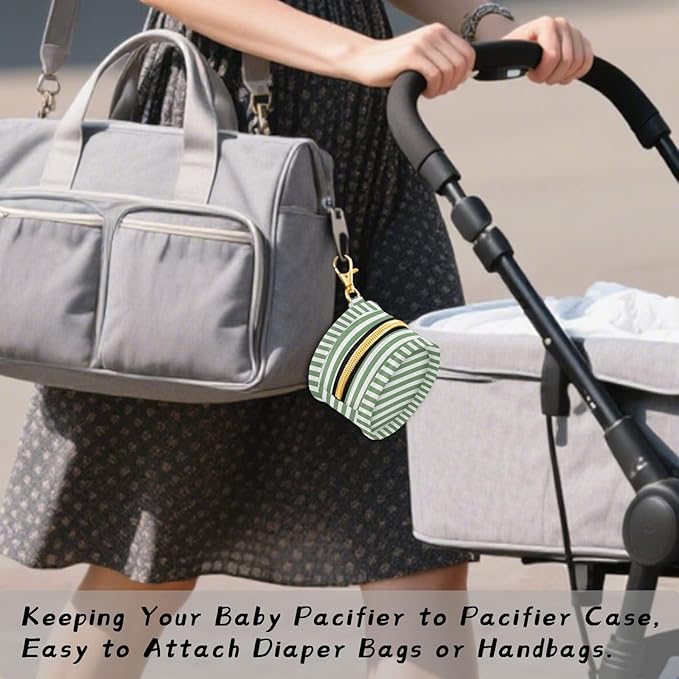 Sage Green Stripes Pacifier Holder Case Newborn Pacifier Storage Pouch for Boys Girls Easy Attach to Diaper Bag Portable Baby Essentials Container