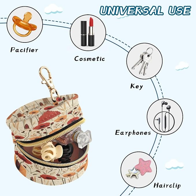 Pacifier Holder with Clip Pacifier Case for Diaper Bag Round Baby Pacifier Pouch Box Bag Portable Beige Poppy