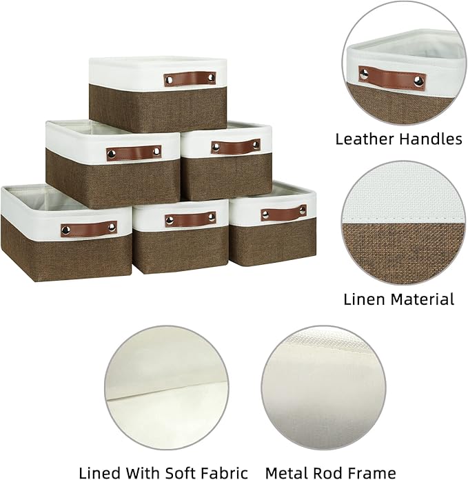 HNZIGE Small Fabric Storage Bins (6 Pack) - Foldable Decorative Baskets with Handles, Empty Gift Baskets for Storage (Brown & White, 11.8" x 7.8" x 5.1")