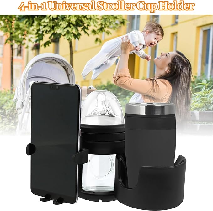 4-in-1 Universal Stroller Cup Holder with 360° Phone Mount - Adjustable Drink & Phone Holder for Strollers, Wheelchairs, Bikes, and Scooters 【Black】