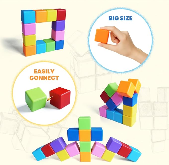 Large Magnetic Building Blocks in 8 Colors, 1.65 Inch Magnet Cubes for Sensory Education, STEM Learning Stacking Toys for Toddlers, 1 2 3 Years Old Boys & Girls Birthday Gifts (16PCS)