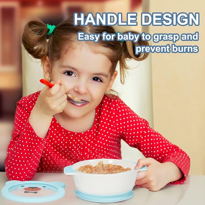 MR. CHOU Ceramic Baby Bowls with Suction Base, Infant Led Weaning Supplies with BPA Free Airtight Lid & Handles for Babies Self-feeding, 100% Food Grade Kid Bowls, Microwave & Dishwasher Safe, Blue