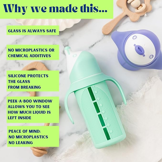 Tabor Place Set of 2 - Glass Sippy Cup for Toddlers - The Luca | Spill-Proof | Silicone Straw | Mint Green & Indigo Purple | 8 oz | Liquids Never Touch Plastic | Removable Handles??(blue/green)